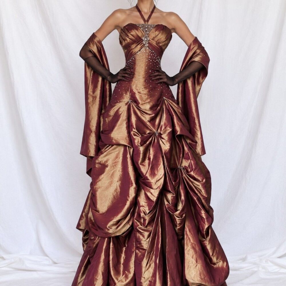 Vintage Y2K Copper Brown Halter Beaded Satin Flared Maxi Prom Dress Size XS/S
